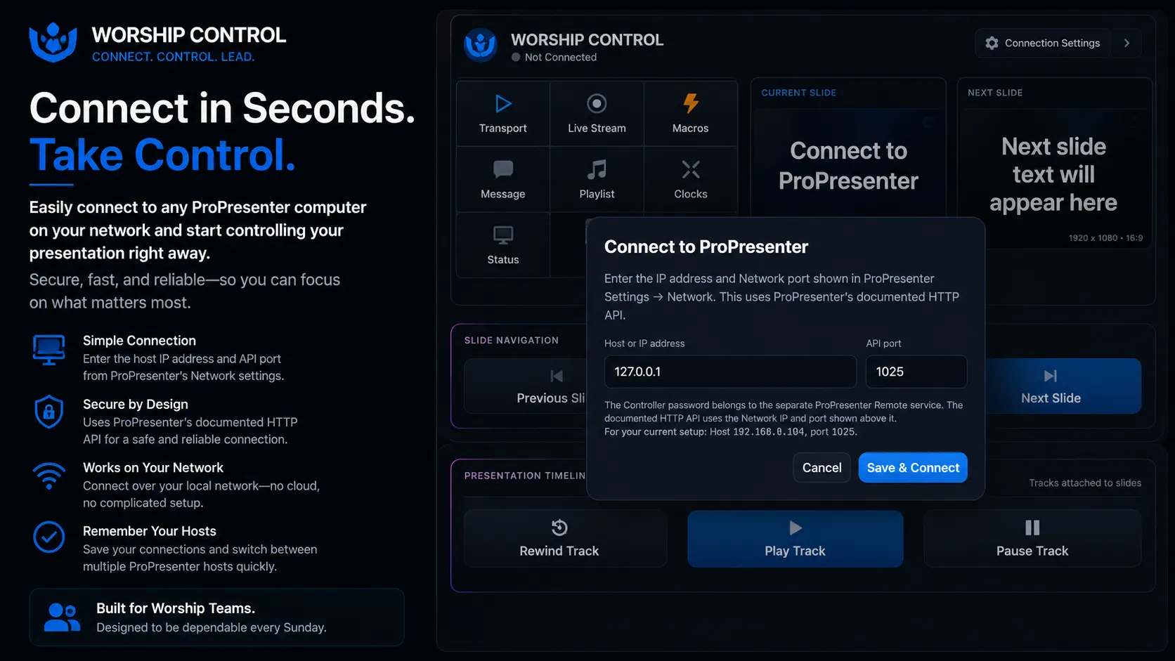 Worship Control connection screen