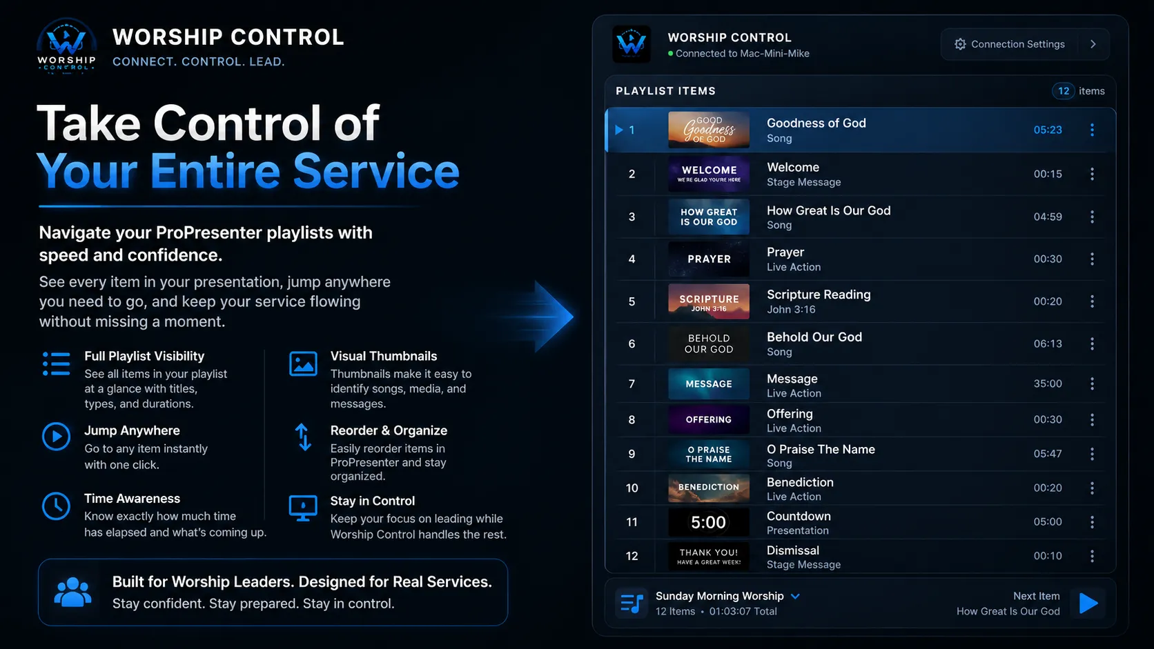 Worship Control playlist navigation